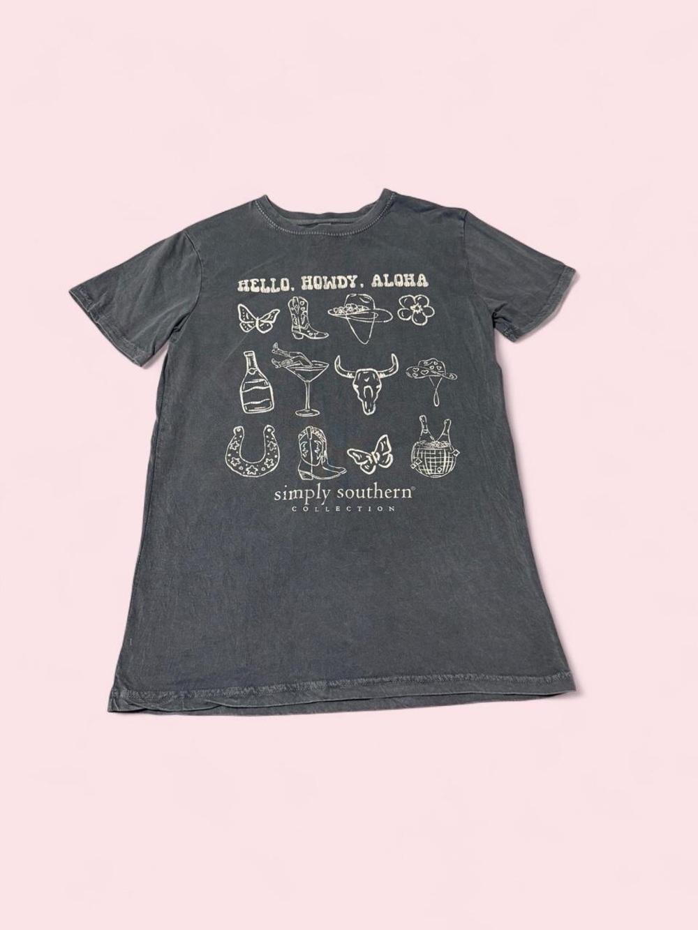 Simply Southern Charcoal Graphic Tee with White Print - Hello, Howdy, Aloha